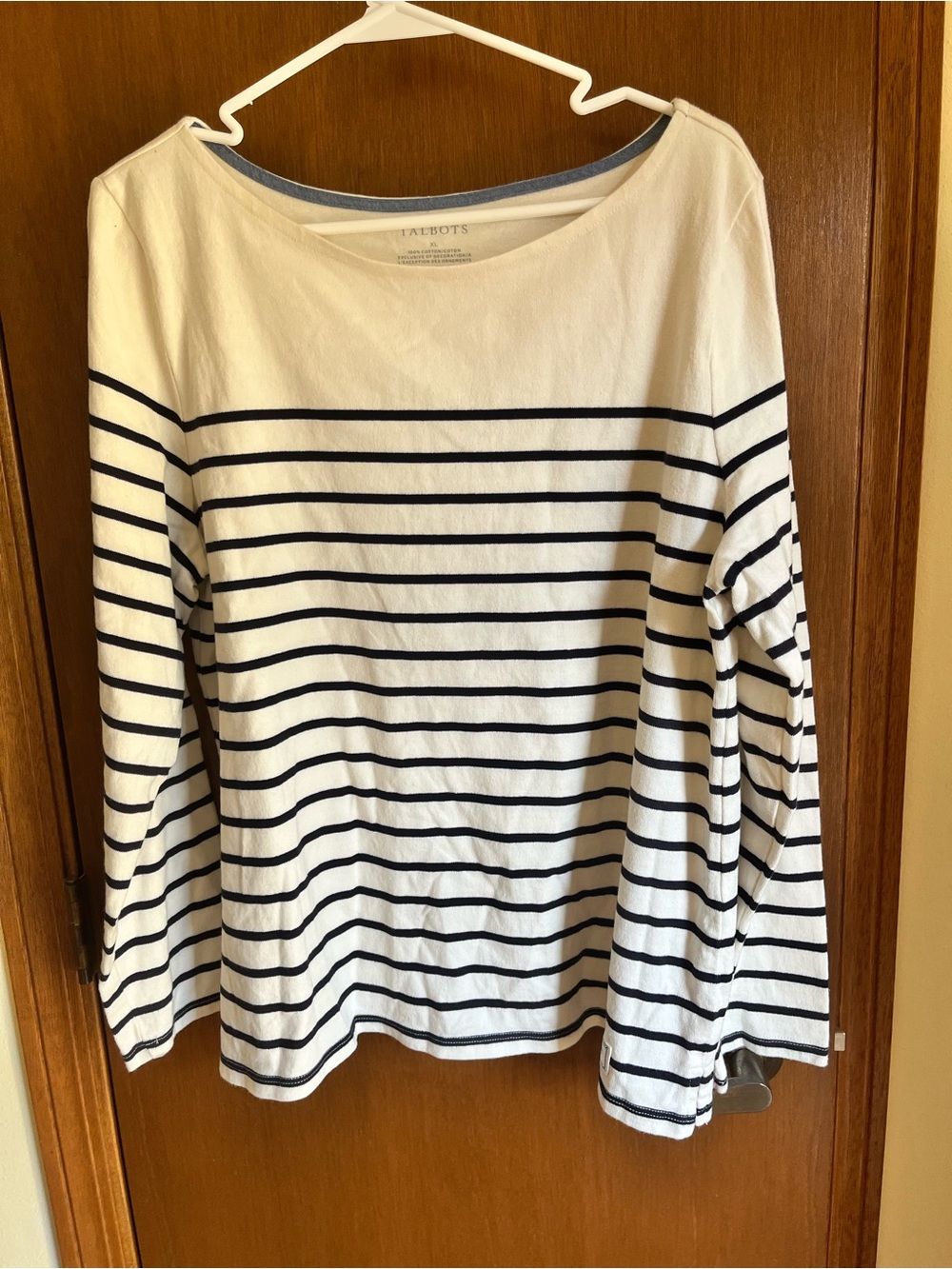 Talbots White and Navy Striped Long-Sleeve Boatneck Top
